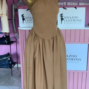 One-Shoulder Draped Maxi Dress (Brown)